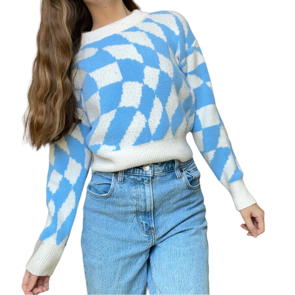 Traget Blue and White Cozy Abstract Trendy Tik Tok Danish Pastel Cropped Sweater
